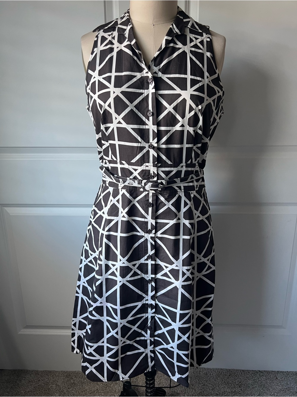 New Ann Taylor Black & White Geometric Sleeveless Shirt Dress with Self Tie